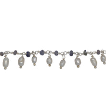 Load image into Gallery viewer, Chain by Foot. Brass Silver Plated 3.12mm Width by 1.84mm Length Natural Hand Cut Iolite Stone, With One of 3.10mm Width by 3.85mm Length Rice Pearl Hanging off the Chain, Gem Stone Chain. Price per: 1 Inch.