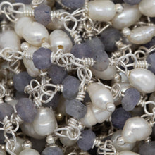 Load image into Gallery viewer, Brass Silver Plated 3.12mm Width by 1.84mm Length Natural Hand Cut Iolite Stone, With One of 3.10mm Width by 3.85mm Length Rice Pearl Hanging off the Chain, Gem Stone Chain. Price per: 1 Inch.