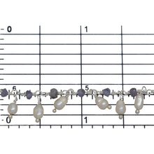 Load image into Gallery viewer, Brass Silver Plated 3.12mm Width by 1.84mm Length Natural Hand Cut Iolite Stone, With One of 3.10mm Width by 3.85mm Length Rice Pearl Hanging off the Chain, Gem Stone Chain. Price per: 1 Inch.