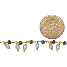 Load image into Gallery viewer, Brass Gold Plated 3.12mm Width by 1.84mm Length Natural Hand Cut Iolite Stone, With One of 3.10mm Width by 3.85mm Length Rice Pearl Hanging off the Chain, Gem Stone Chain. Price per: 1 Inch.
