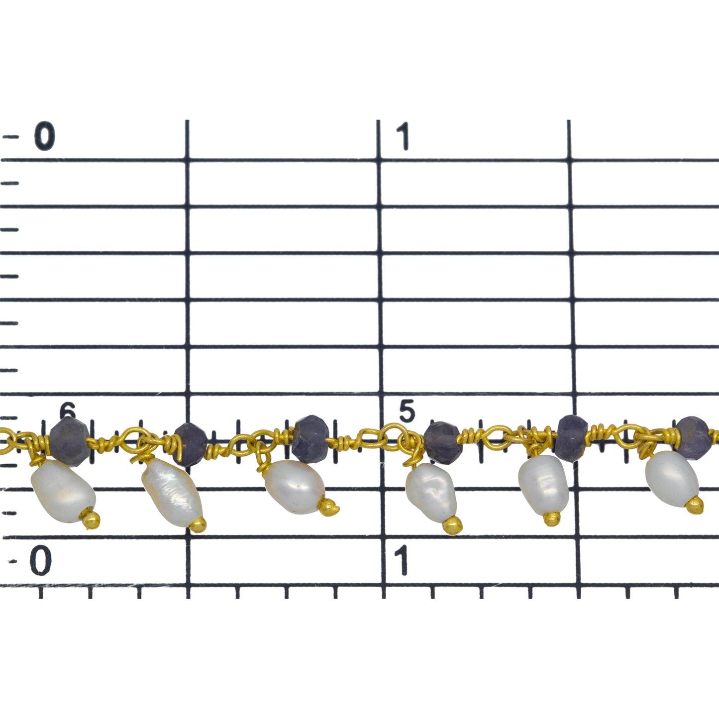 Brass Gold Plated 3.12mm Width by 1.84mm Length Natural Hand Cut Iolite Stone, With One of 3.10mm Width by 3.85mm Length Rice Pearl Hanging off the Chain, Gem Stone Chain. Price per: 1 Inch.