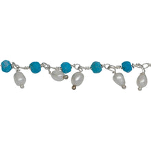 Load image into Gallery viewer, Chain by Foot. Brass Silver Plated 3.52mm Width by 2.92mm Length Natural Hand Cut Turquoise Stone, With One of 3.10mm Width by 3.85mm Length Rice Pearl Hanging off the Chain, Gem Stone Chain. Price per: 1 Inch.