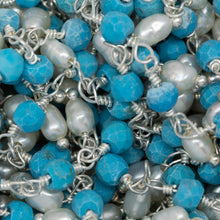 Load image into Gallery viewer, Brass Silver Plated 3.52mm Width by 2.92mm Length Natural Hand Cut Turquoise Stone, With One of 3.10mm Width by 3.85mm Length Rice Pearl Hanging off the Chain, Gem Stone Chain. Price per: 1 Inch.