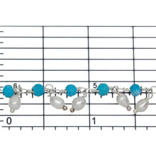 Load image into Gallery viewer, Brass Silver Plated 3.52mm Width by 2.92mm Length Natural Hand Cut Turquoise Stone, With One of 3.10mm Width by 3.85mm Length Rice Pearl Hanging off the Chain, Gem Stone Chain. Price per: 1 Inch.