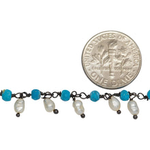 Load image into Gallery viewer, Brass Oxidized 3.52mm Width by 2.92mm Length Natural Hand Cut Turquoise Stone, With One of 3.10mm Width by 3.85mm Length Rice Pearl Hanging off the Chain, Gem Stone Chain. Price per: 1 Inch.
