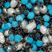 Load image into Gallery viewer, Brass Oxidized 3.52mm Width by 2.92mm Length Natural Hand Cut Turquoise Stone, With One of 3.10mm Width by 3.85mm Length Rice Pearl Hanging off the Chain, Gem Stone Chain. Price per: 1 Inch.