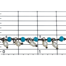 Load image into Gallery viewer, Brass Oxidized 3.52mm Width by 2.92mm Length Natural Hand Cut Turquoise Stone, With One of 3.10mm Width by 3.85mm Length Rice Pearl Hanging off the Chain, Gem Stone Chain. Price per: 1 Inch.