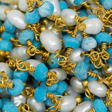 Load image into Gallery viewer, Brass Gold Plated 3.52mm Width by 2.92mm Length Natural Hand Cut Turquoise Stone, With One of 3.10mm Width by 3.85mm Length Rice Pearl Hanging off the Chain, Gem Stone Chain. Price per: 1 Inch.