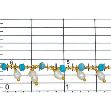 Load image into Gallery viewer, Brass Gold Plated 3.52mm Width by 2.92mm Length Natural Hand Cut Turquoise Stone, With One of 3.10mm Width by 3.85mm Length Rice Pearl Hanging off the Chain, Gem Stone Chain. Price per: 1 Inch.