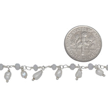 Load image into Gallery viewer, Brass Silver Plated 3.15mm Width by 2.45mm Length Natural Hand Cut Rainbow Moon Stone, With One of 3.15mm Width by 3.95mm Length Rice Pearl Hanging off the Chain, Gem Stone Chain. Price per: 1 Inch.