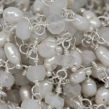 Load image into Gallery viewer, Brass Silver Plated 3.15mm Width by 2.45mm Length Natural Hand Cut Rainbow Moon Stone, With One of 3.15mm Width by 3.95mm Length Rice Pearl Hanging off the Chain, Gem Stone Chain. Price per: 1 Inch.