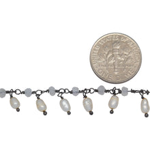 Load image into Gallery viewer, Brass Oxidized 3.15mm Width by 2.45mm Length Natural Hand Cut Rainbow Moon Stone, With One of 3.15mm Width by 3.95mm Length Rice Pearl Hanging off the Chain, Gem Stone Chain. Price per: 1 Inch.