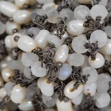 Load image into Gallery viewer, Brass Oxidized 3.15mm Width by 2.45mm Length Natural Hand Cut Rainbow Moon Stone, With One of 3.15mm Width by 3.95mm Length Rice Pearl Hanging off the Chain, Gem Stone Chain. Price per: 1 Inch.