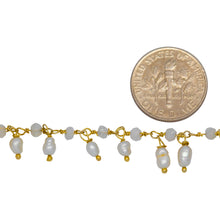 Load image into Gallery viewer, Brass Gold Plated 3.15mm Width by 2.45mm Length Natural Hand Cut Rainbow Moon Stone, With One of 3.15mm Width by 3.95mm Length Rice Pearl Hanging off the Chain, Gem Stone Chain. Price per: 1 Inch.