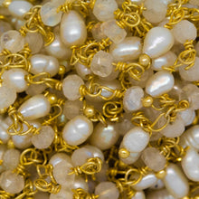 Load image into Gallery viewer, Brass Gold Plated 3.15mm Width by 2.45mm Length Natural Hand Cut Rainbow Moon Stone, With One of 3.15mm Width by 3.95mm Length Rice Pearl Hanging off the Chain, Gem Stone Chain. Price per: 1 Inch.