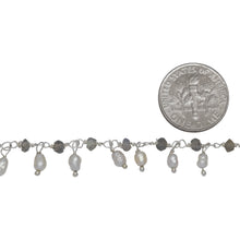 Load image into Gallery viewer, Brass Silver Plated 3.25mm Width by 2.45mm Length Natural Hand Cut Labradorite Stone, With One of 3.15mm Width by 3.95mm Length Rice Pearl Hanging off the Chain, Gem Stone Chain. Price per: 1 Inch.