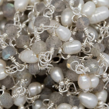 Load image into Gallery viewer, Brass Silver Plated 3.25mm Width by 2.45mm Length Natural Hand Cut Labradorite Stone, With One of 3.15mm Width by 3.95mm Length Rice Pearl Hanging off the Chain, Gem Stone Chain. Price per: 1 Inch.