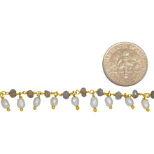Load image into Gallery viewer, Brass Gold Plated 3.25mm Width by 2.45mm Length Natural Hand Cut Labradorite Stone, With One of 3.15mm Width by 3.95mm Length Rice Pearl Hanging off the Chain, Gem Stone Chain. Price per: 1 Inch.