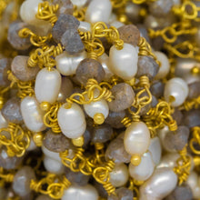 Load image into Gallery viewer, Brass Gold Plated 3.25mm Width by 2.45mm Length Natural Hand Cut Labradorite Stone, With One of 3.15mm Width by 3.95mm Length Rice Pearl Hanging off the Chain, Gem Stone Chain. Price per: 1 Inch.