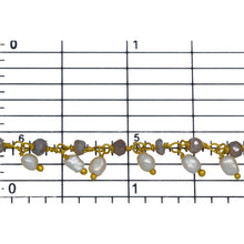 Load image into Gallery viewer, Brass Gold Plated 3.25mm Width by 2.45mm Length Natural Hand Cut Labradorite Stone, With One of 3.15mm Width by 3.95mm Length Rice Pearl Hanging off the Chain, Gem Stone Chain. Price per: 1 Inch.