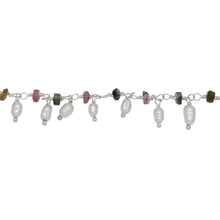 Load image into Gallery viewer, Chain by Foot. Brass Silver Plated 3.35mm Width by 2.10mm Length Natural Hand Cut Tourmaline Stone, With One of 2.75mm Width by 4.15mm Length Rice Pearl Hanging off the Chain, Gem Stone Chain. Price per: 1 Inch.
