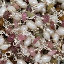 Load image into Gallery viewer, Brass Silver Plated 3.35mm Width by 2.10mm Length Natural Hand Cut Tourmaline Stone, With One of 2.75mm Width by 4.15mm Length Rice Pearl Hanging off the Chain, Gem Stone Chain. Price per: 1 Inch.