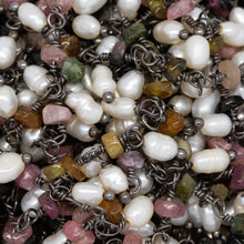 Load image into Gallery viewer, Brass Oxidized 3.35mm Width by 2.10mm Length Natural Hand Cut Tourmaline Stone, With One of 2.75mm Width by 4.15mm Length Rice Pearl Hanging off the Chain, Gem Stone Chain. Price per: 1 Inch.