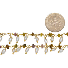 Load image into Gallery viewer, Brass Gold Plated 3.35mm Width by 2.10mm Length Natural Hand Cut Tourmaline Stone, With One of 2.75mm Width by 4.15mm Length Rice Pearl Hanging off the Chain, Gem Stone Chain. Price per: 1 Inch.