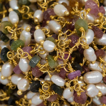 Load image into Gallery viewer, Brass Gold Plated 3.35mm Width by 2.10mm Length Natural Hand Cut Tourmaline Stone, With One of 2.75mm Width by 4.15mm Length Rice Pearl Hanging off the Chain, Gem Stone Chain. Price per: 1 Inch.