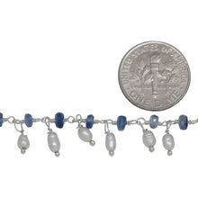 Load image into Gallery viewer, Brass Silver Plated 3.65mm Width by 1.95mm Length Natural Hand Cut Kyanite Stone, With One of 2.75mm Width by 3.95mm Length Rice Pearl Hanging off the Chain, Gem Stone Chain. Price per: 1 Inch.