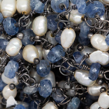 Load image into Gallery viewer, Brass Oxidized 3.65mm Width by 1.95mm Length Natural Hand Cut Kyanite Stone, With One of 2.75mm Width by 3.95mm Length Rice Pearl Hanging off the Chain, Gem Stone Chain. Price per: 1 Inch.