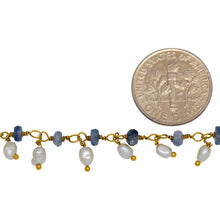 Load image into Gallery viewer, Brass Gold Plated 3.65mm Width by 1.95mm Length Natural Hand Cut Kyanite Stone, With One of 2.75mm Width by 3.95mm Length Rice Pearl Hanging off the Chain, Gem Stone Chain. Price per: 1 Inch.