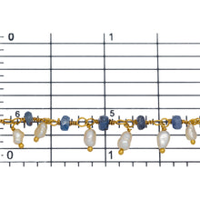 Load image into Gallery viewer, Brass Gold Plated 3.65mm Width by 1.95mm Length Natural Hand Cut Kyanite Stone, With One of 2.75mm Width by 3.95mm Length Rice Pearl Hanging off the Chain, Gem Stone Chain. Price per: 1 Inch.