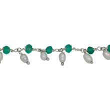Load image into Gallery viewer, Chain by Foot. Brass Silver Plated 3.63mm Width by 2.45mm Length Natural Hand Cut Green Onyx Stone, With One of 3.05mm Width by 3.85mm Length Rice Pearl Hanging off the Chain, Gem Stone Chain. Price per: 1 Inch.