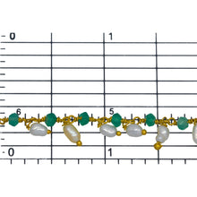 Load image into Gallery viewer, Brass Gold Plated 3.63mm Width by 2.45mm Length Natural Hand Cut Green Onyx Stone, With One of 3.05mm Width by 3.85mm Length Rice Pearl Hanging off the Chain, Gem Stone Chain. Price per: 1 Inch.