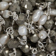 Load image into Gallery viewer, Brass Silver Plated 3.65mm Width by 3.40mm Length Natural Hand Cut Pyrite Stone, With One of 3.05mm Width by 3.85mm Length Rice Pearl Hanging off the Chain, Gem Stone Chain. Price per: 1 Inch.