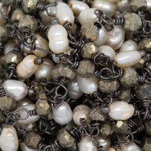 Load image into Gallery viewer, Brass Oxidized 3.65mm Width by 3.40mm Length Natural Hand Cut Pyrite Stone, With One of 3.05mm Width by 3.85mm Length Rice Pearl Hanging off the Chain, Gem Stone Chain. Price per: 1 Inch.