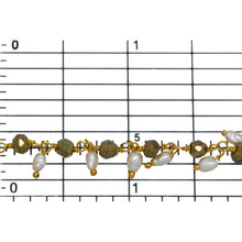 Load image into Gallery viewer, Brass Gold Plated 3.65mm Width by 3.40mm Length Natural Hand Cut Pyrite Stone, With One of 3.05mm Width by 3.85mm Length Rice Pearl Hanging off the Chain, Gem Stone Chain. Price per: 1 Inch.