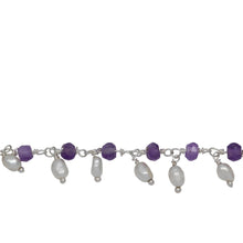 Load image into Gallery viewer, Chain by Foot. Brass Silver Plated 3.50mm Width by 2.60mm Length Natural Hand Cut Amethyst Stone, With One of 3.15mm Width by 3.85mm Length Rice Pearl Hanging off the Chain, Gem Stone Chain. Price per: 1 Inch.