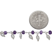 Load image into Gallery viewer, Brass Silver Plated 3.50mm Width by 2.60mm Length Natural Hand Cut Amethyst Stone, With One of 3.15mm Width by 3.85mm Length Rice Pearl Hanging off the Chain, Gem Stone Chain. Price per: 1 Inch.