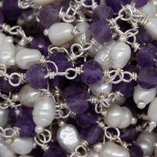 Load image into Gallery viewer, Brass Silver Plated 3.50mm Width by 2.60mm Length Natural Hand Cut Amethyst Stone, With One of 3.15mm Width by 3.85mm Length Rice Pearl Hanging off the Chain, Gem Stone Chain. Price per: 1 Inch.