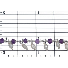 Load image into Gallery viewer, Brass Silver Plated 3.50mm Width by 2.60mm Length Natural Hand Cut Amethyst Stone, With One of 3.15mm Width by 3.85mm Length Rice Pearl Hanging off the Chain, Gem Stone Chain. Price per: 1 Inch.