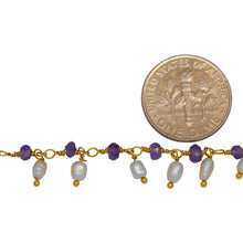 Load image into Gallery viewer, Brass Gold Plated 3.50mm Width by 2.60mm Length Natural Hand Cut Amethyst Stone, With One of 3.15mm Width by 3.85mm Length Rice Pearl Hanging off the Chain, Gem Stone Chain. Price per: 1 Inch.