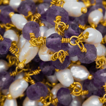 Load image into Gallery viewer, Brass Gold Plated 3.50mm Width by 2.60mm Length Natural Hand Cut Amethyst Stone, With One of 3.15mm Width by 3.85mm Length Rice Pearl Hanging off the Chain, Gem Stone Chain. Price per: 1 Inch.