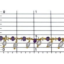 Load image into Gallery viewer, Brass Gold Plated 3.50mm Width by 2.60mm Length Natural Hand Cut Amethyst Stone, With One of 3.15mm Width by 3.85mm Length Rice Pearl Hanging off the Chain, Gem Stone Chain. Price per: 1 Inch.