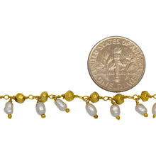 Load image into Gallery viewer, Brass Gold Plated 3.25mm Width by 2.36mm Length Natural Hand Cut Pyrite Stone, With One of 3.15mm Width by 3.85mm Length Rice Pearl Hanging off the Chain, Gem Stone Chain. Price per: 1 Inch.