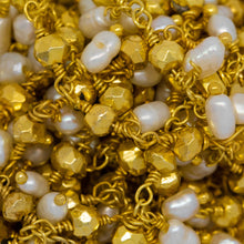 Load image into Gallery viewer, Brass Gold Plated 3.25mm Width by 2.36mm Length Natural Hand Cut Pyrite Stone, With One of 3.15mm Width by 3.85mm Length Rice Pearl Hanging off the Chain, Gem Stone Chain. Price per: 1 Inch.