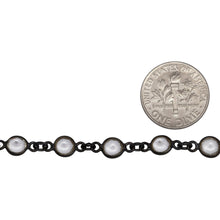 Load image into Gallery viewer, Sterling Silver Oxidized 5.7mm Width / Length Crystal Round Bezel Set Connected by 2.87mm Width / Length Smooth Circle On Each Side, Followed by 2.8mm Width by 3.8mm Length Smooth Oval Link, Bezel Set Chain. Price per: 1 Inch.