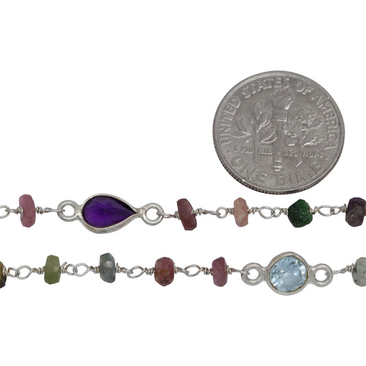Brass Silver Plated 3.50mm Width by 2.60mm Length Natural Hand Cut Tourmaline MultiStone Chain, With MultiStone Bazel Set Connected by 3.16mm Width / Length Smooth Circle on each side, Every 3 Inches, Bazel Set Chain. Price per: 1 Inch.