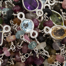 Load image into Gallery viewer, Brass Silver Plated 3.50mm Width by 2.60mm Length Natural Hand Cut Tourmaline MultiStone Chain, With MultiStone Bazel Set Connected by 3.16mm Width / Length Smooth Circle on each side, Every 3 Inches, Bazel Set Chain. Price per: 1 Inch.